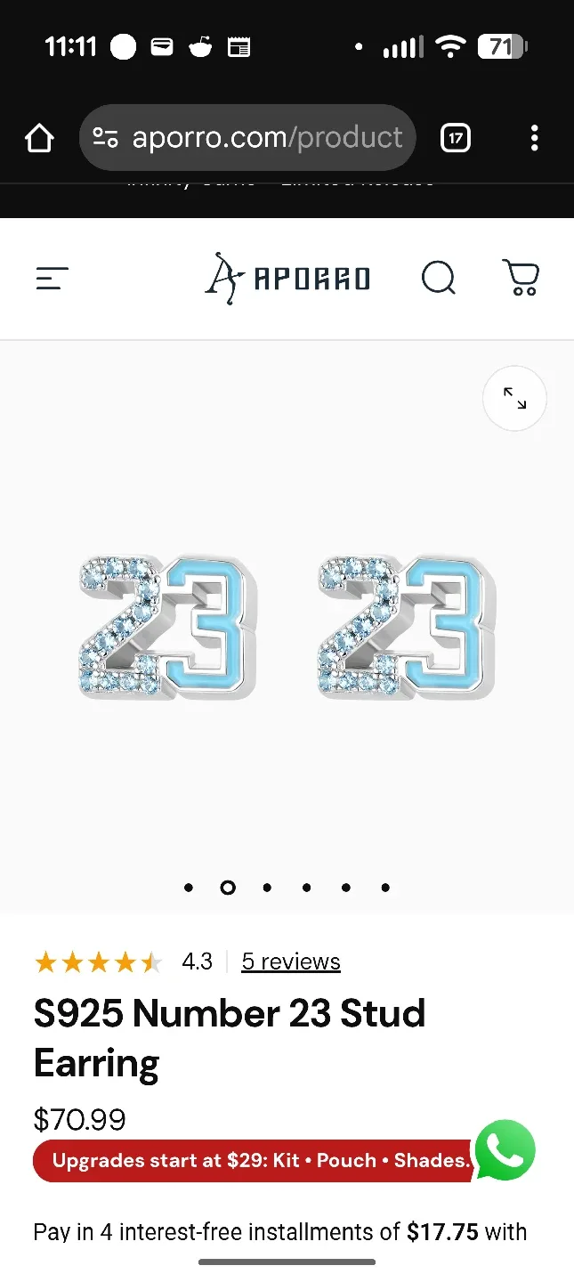 APORRO S925 Number 23 Stud Earring - New