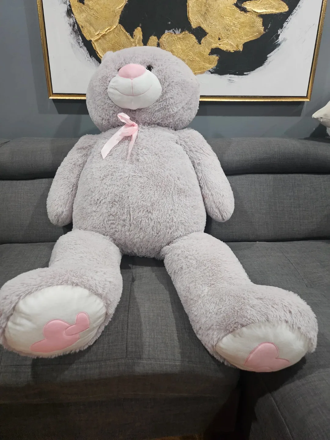 Grey Teddy Bear with Pink Bow
