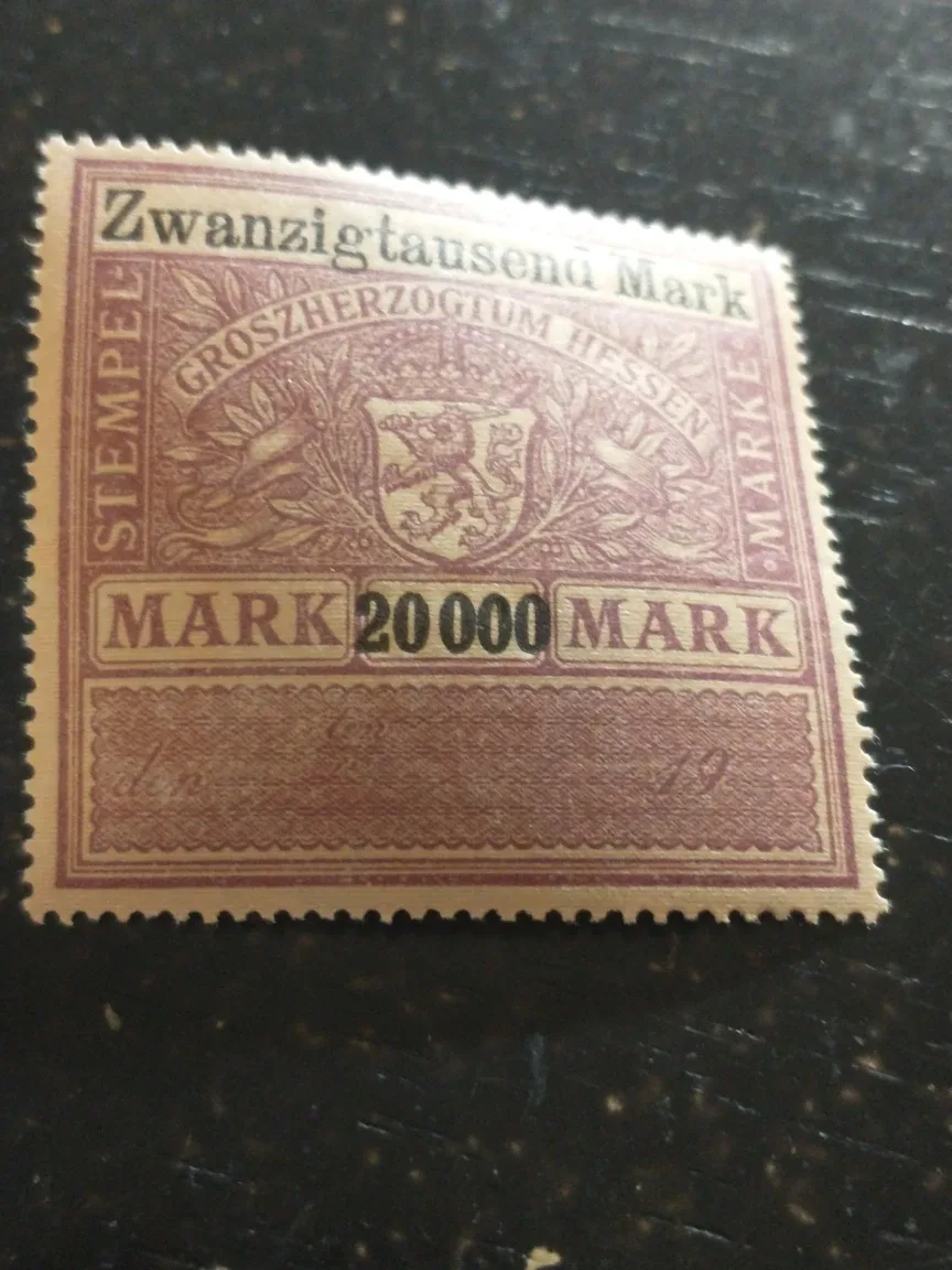1923 MNH 20,000 mark revenue stamp of Grand Duchy of Hesse