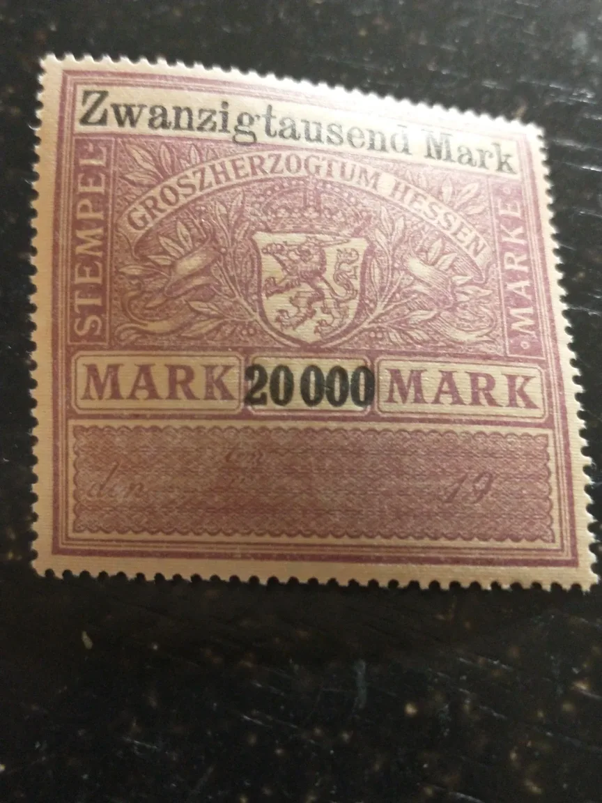 1923 MNH 20,000 mark revenue stamp of Grand Duchy of Hesse image indicator(2)