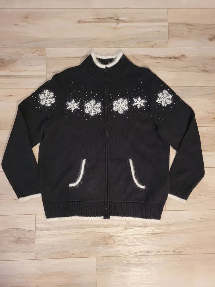 Quacker Factory Black Snowflake Zip-Up Sweater XL