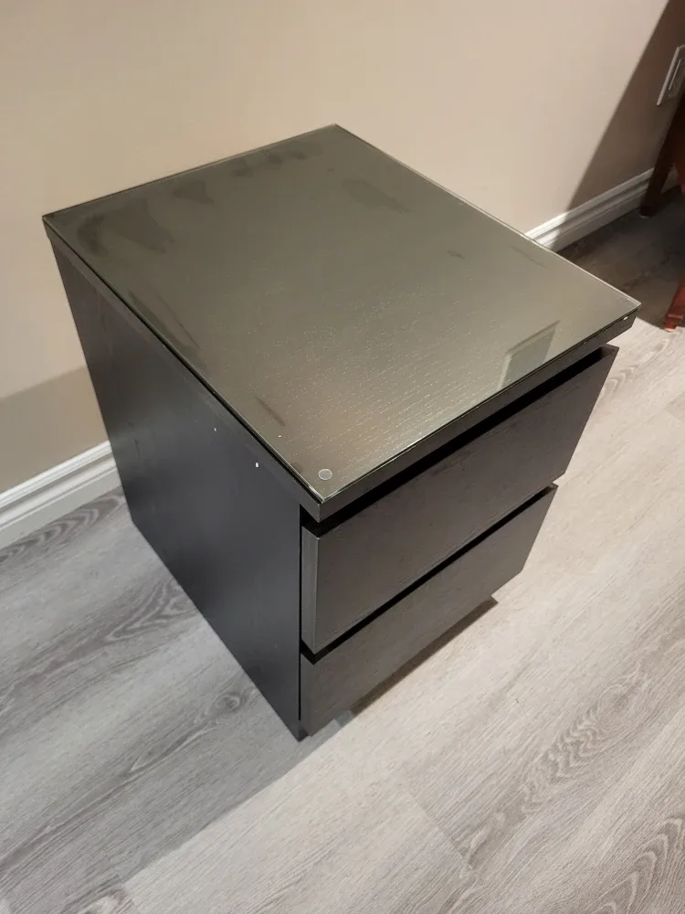 Glass Top Dark Brown Nightstand with 2 Drawers