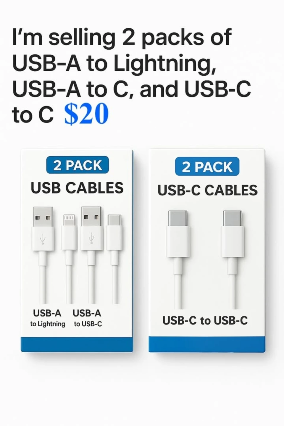 2 Packs USB Cables (USB-A to Lightning/C & USB-C to C)