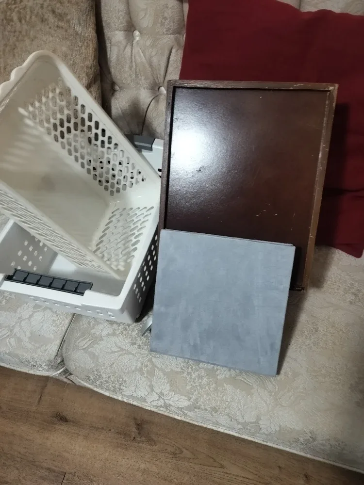 Storage Basket, Wood Box, & Gray Cushion