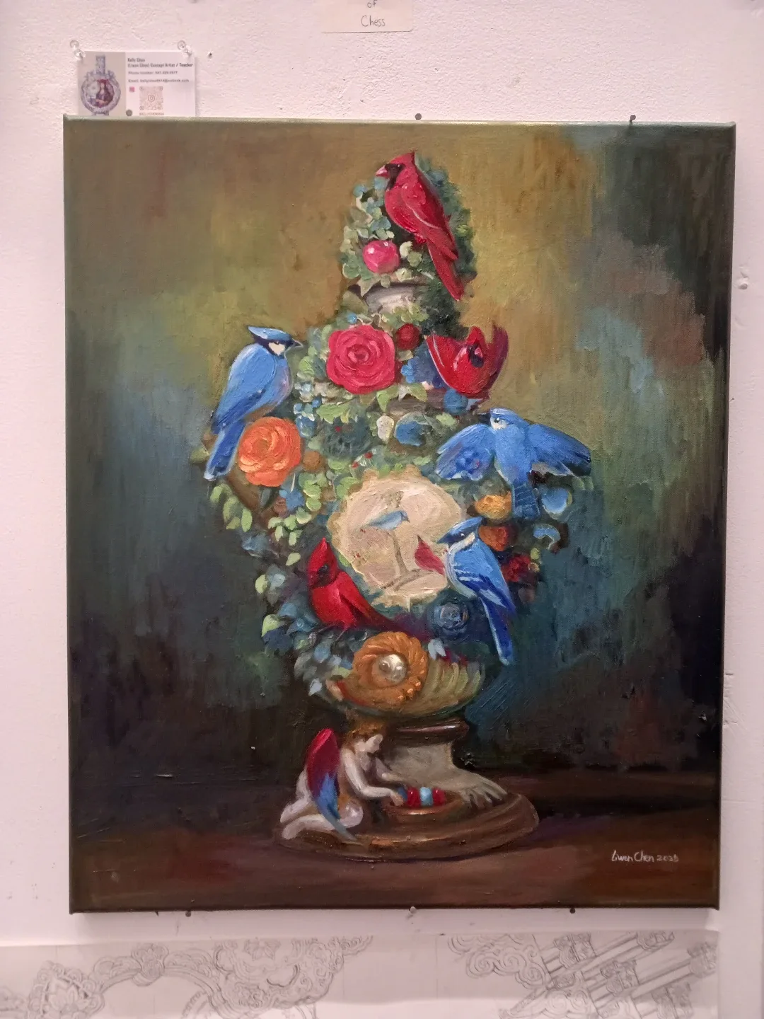 Blue Jay with Cardinal Vase oil painting(on canvas)