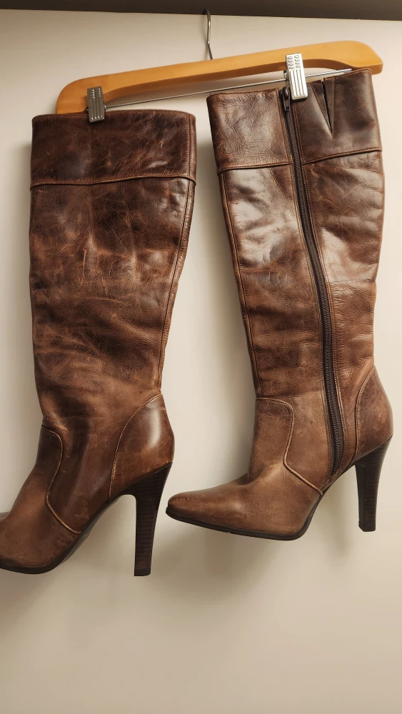 Brown Leather Knee High Heel Boots - Size 38