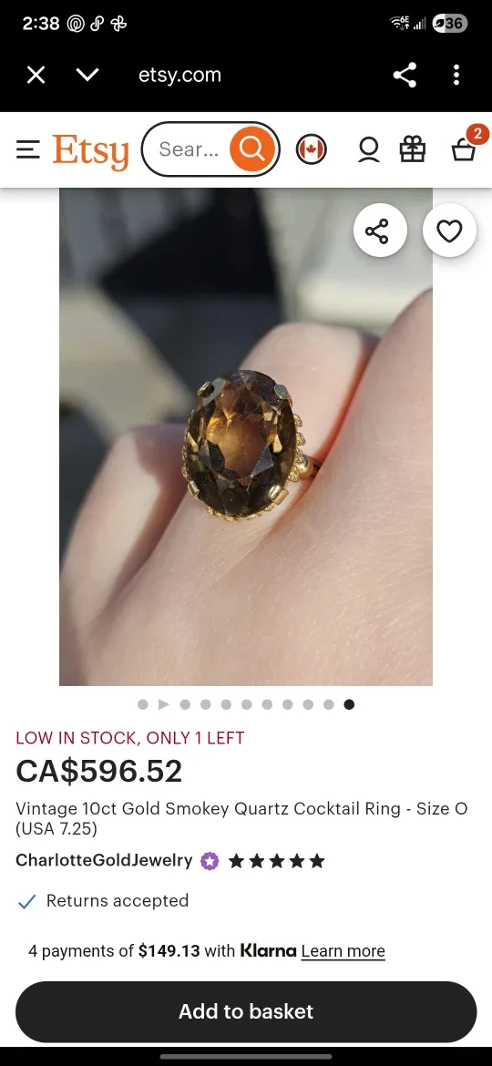 Vintage 10ct Gold Smokey Quartz Cocktail Ring - Size O image indicator(5)