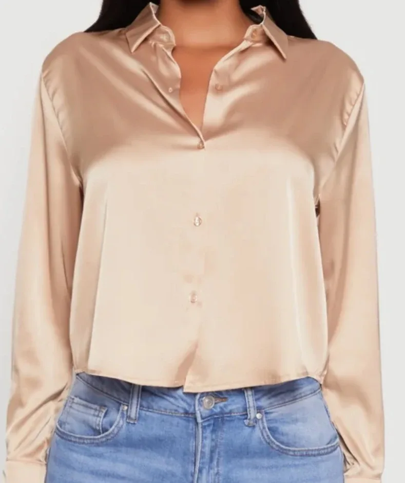 Champagne Satin Long Sleeve Blouse thumbnail