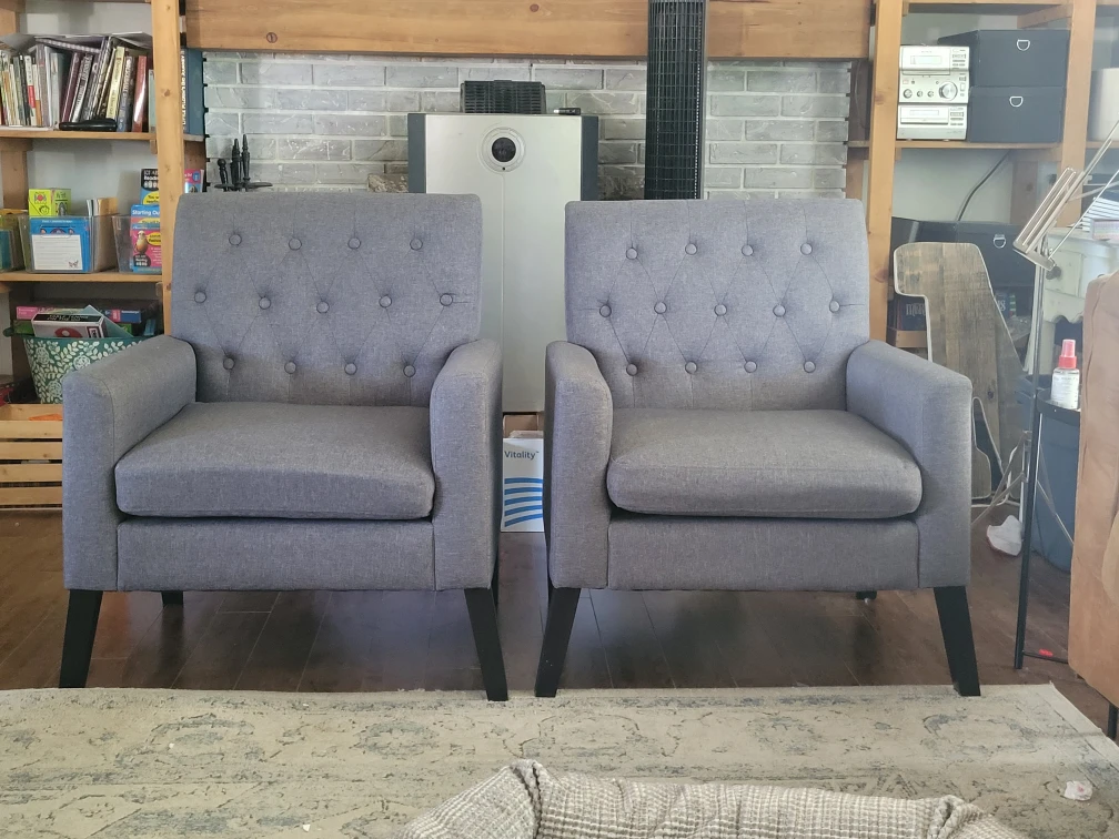 2 grey accent chairs