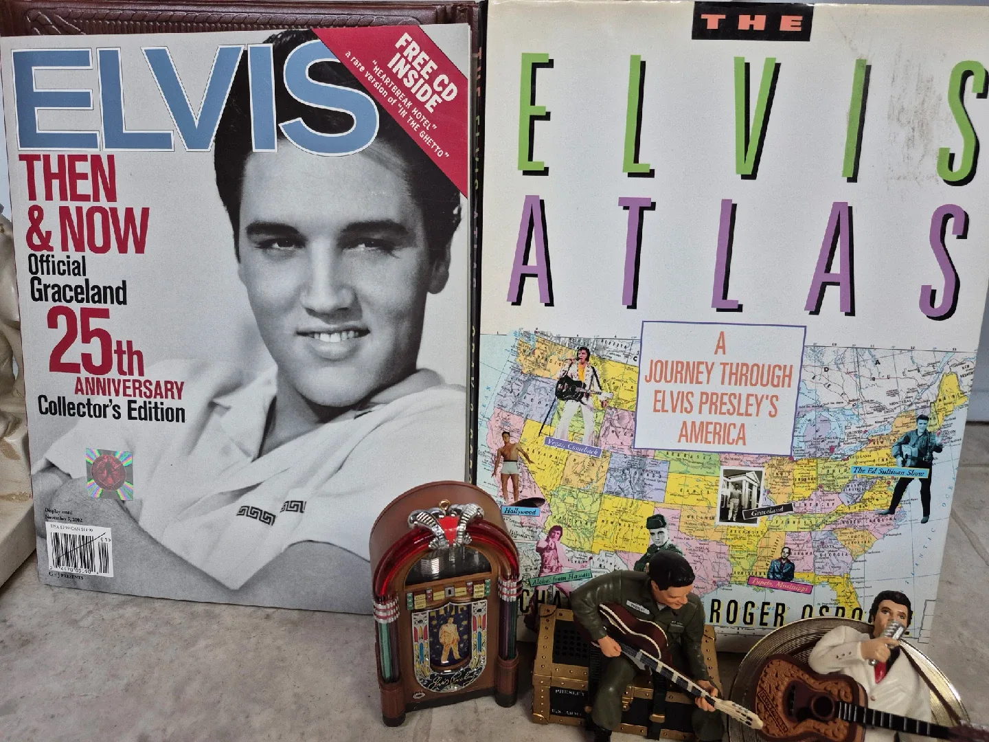 Elvis Presley Collectibles: Magazine, Atlas, Figurines