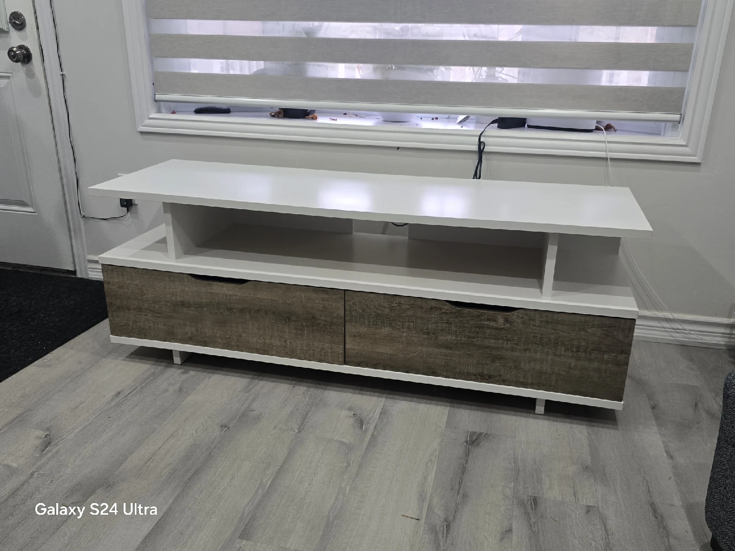 White & Wood TV Stand with Drawers