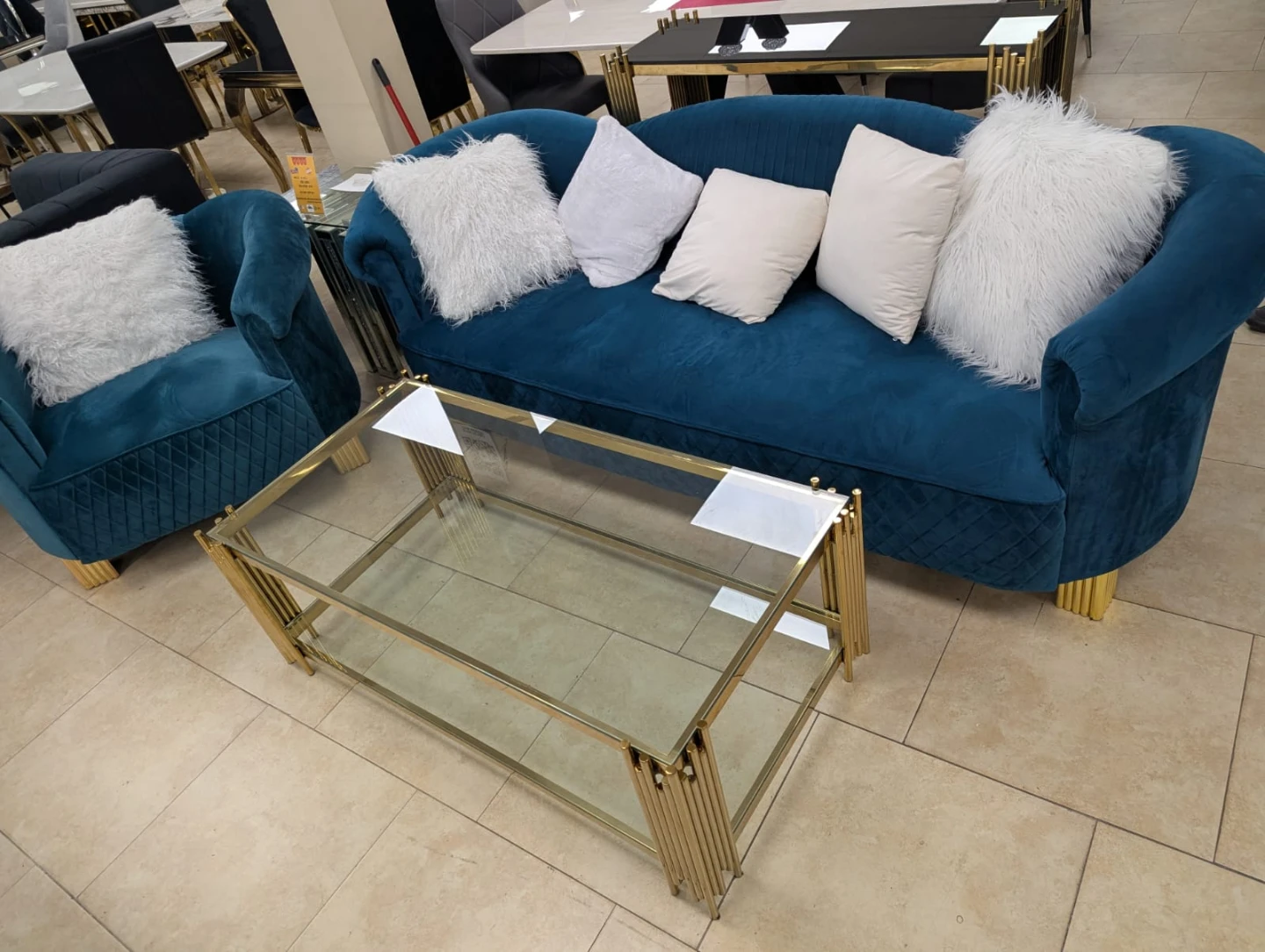 Blue Velvet Sofa Set with Glass Coffee Table