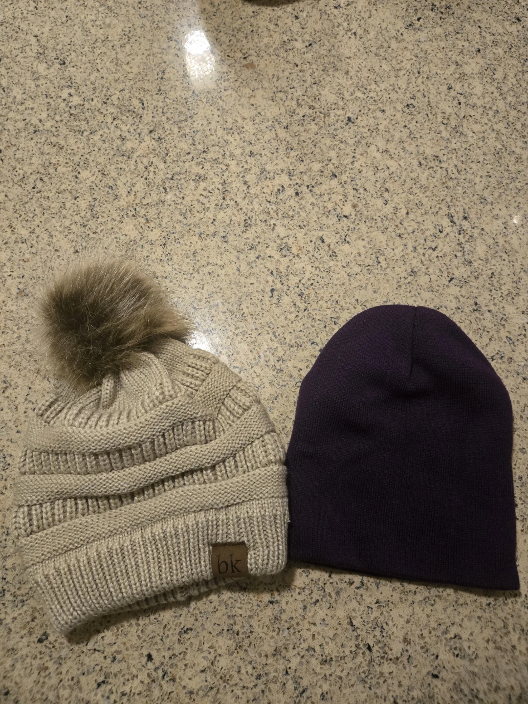 Two Beanies - Beige Knit & Purple