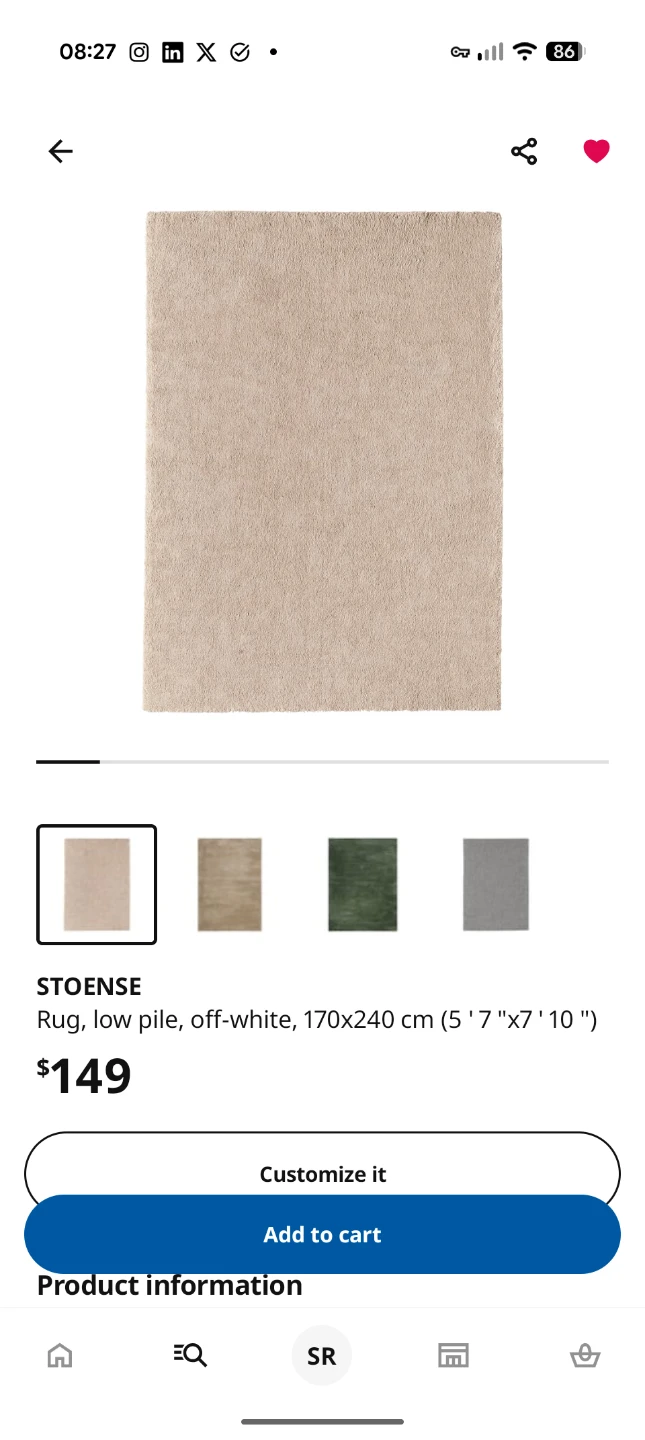 IKEA STOENSE Rug, Low Pile, Off-White - 5'7" x 7'10"