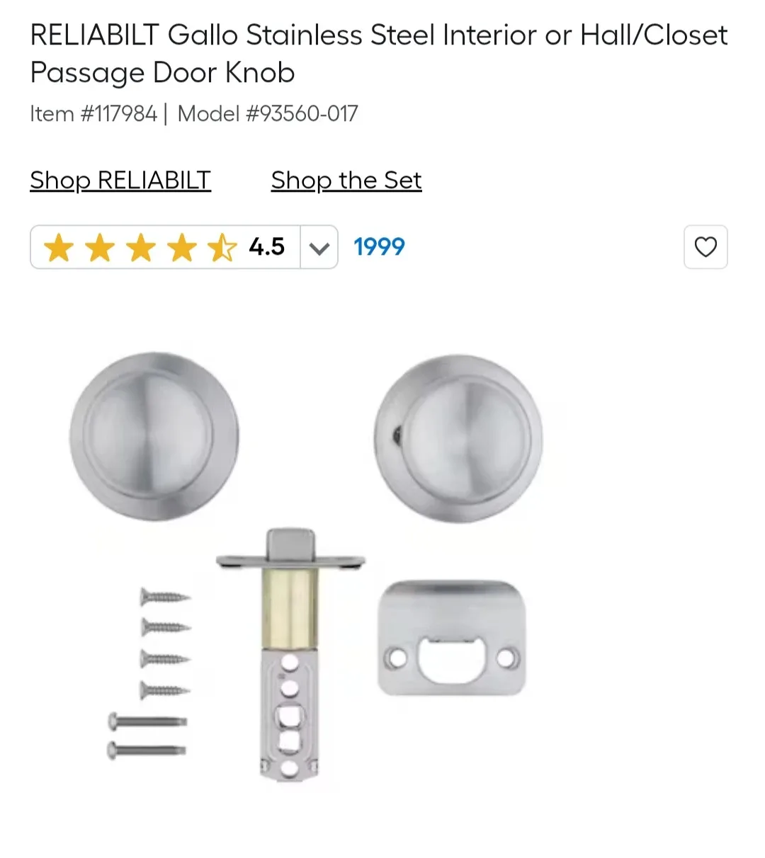 New Reliabilt Gallo Stainless Steel Door Knob image indicator(5)