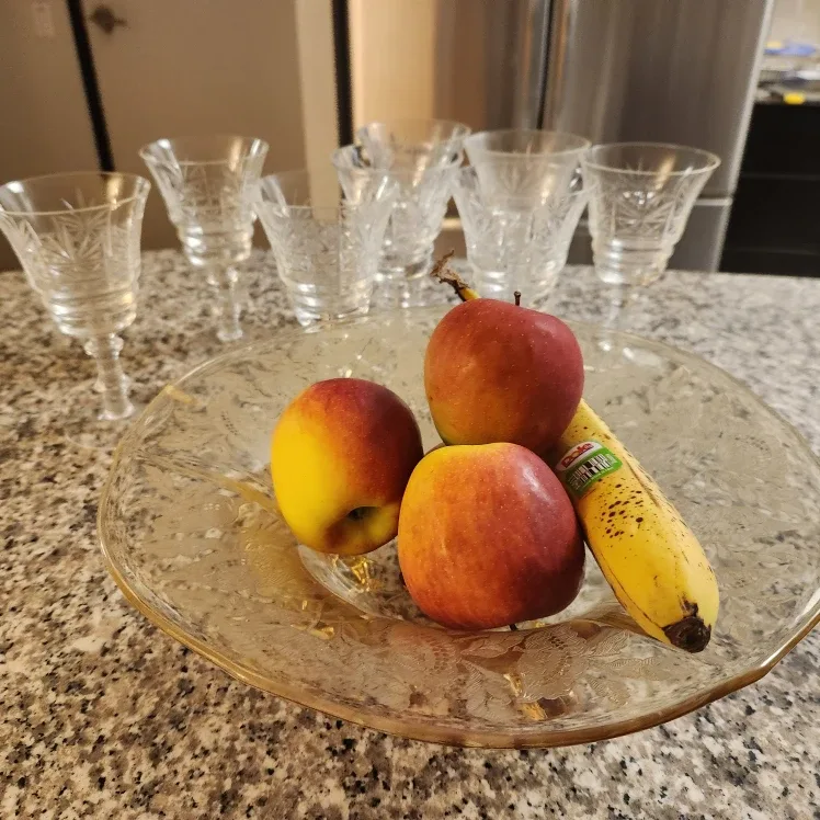 Amber crystal fruit or Punch Bowl with crystal glasses