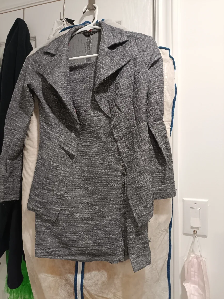Grey Textured Blazer & Skirt Set