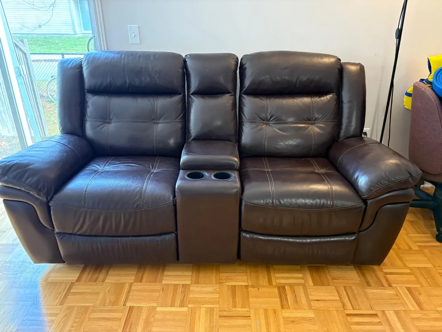 Brown Leather Reclining Loveseat with Console