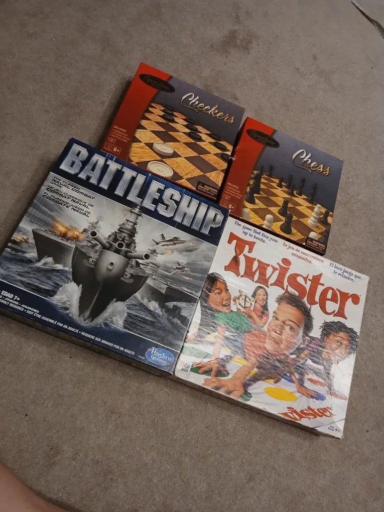 Board game bundle -- twister, battleship, checkers, chess