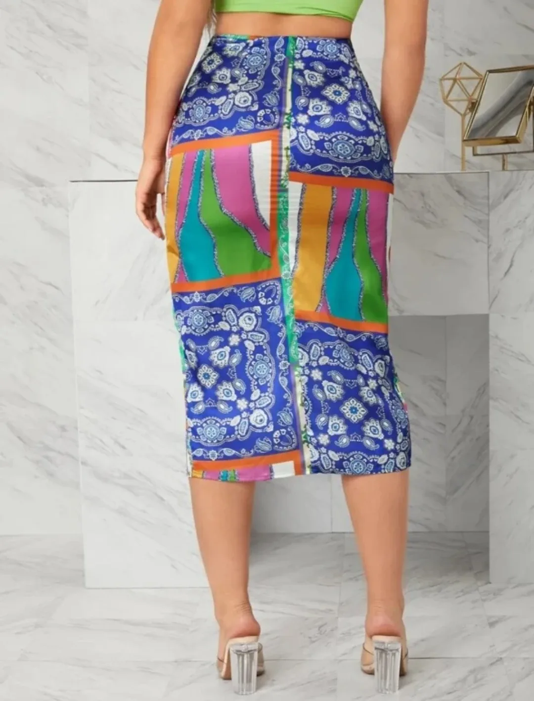 Shein Patchwork Print Knot Slit Skirt image indicator(2)