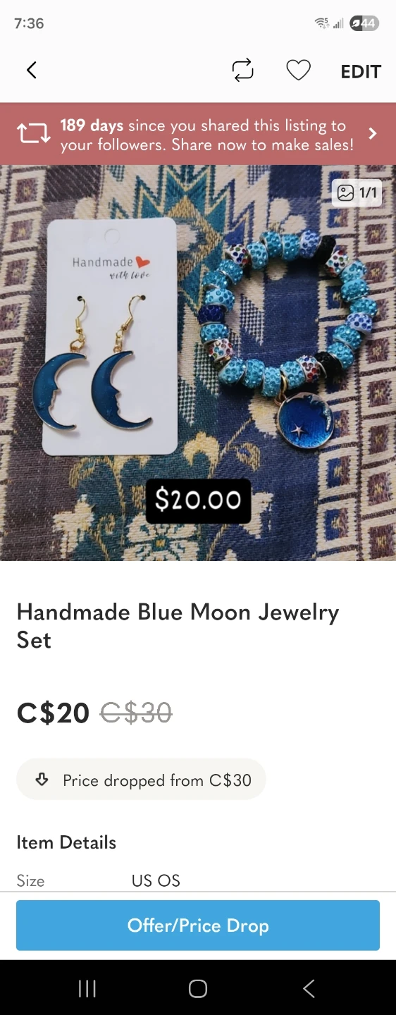 Handmade Blue Moon Jewelry Set