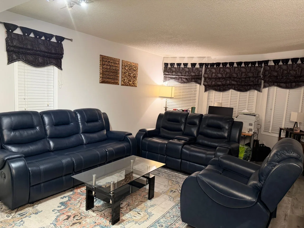 Navy Blue Leather Reclining Sofa Set
