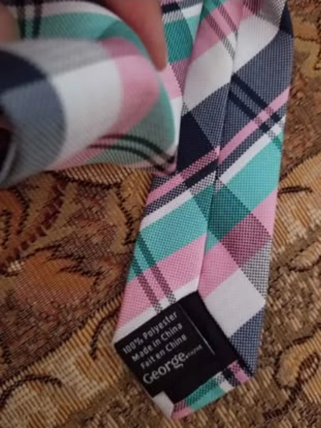 George Plaid Tie - Pink, Teal, Navy ( wore once for few hrs.) image indicator(2)