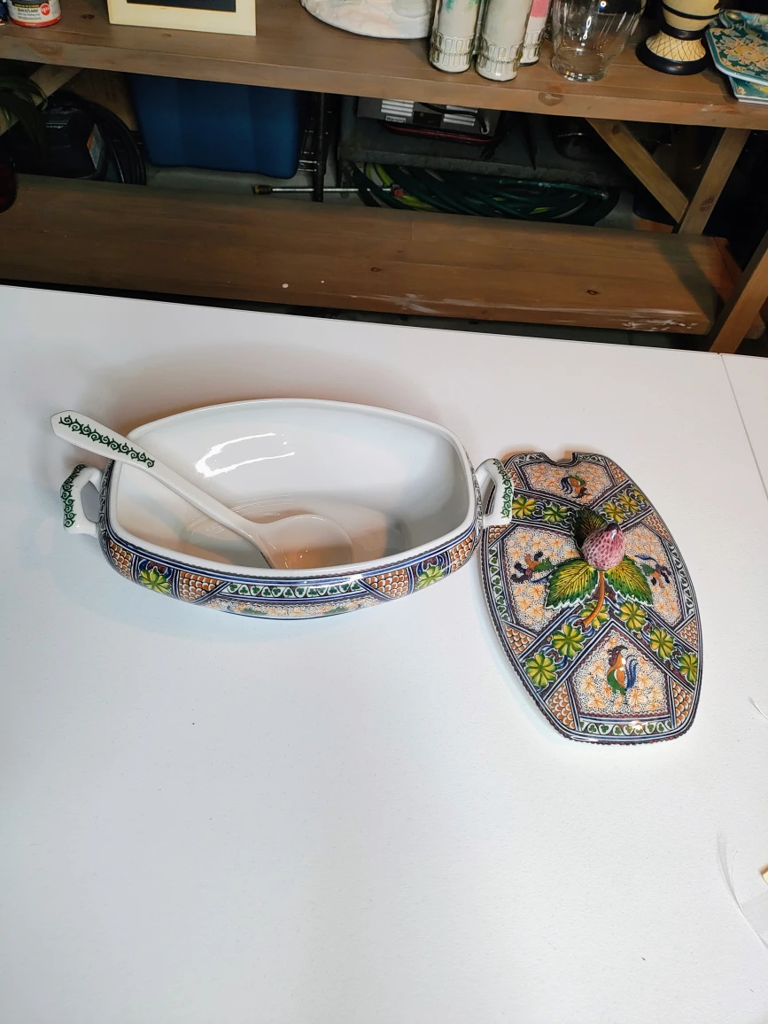 Vintage Hand-Painted Portuguese Lidded Tureen & Spoon - photo 2