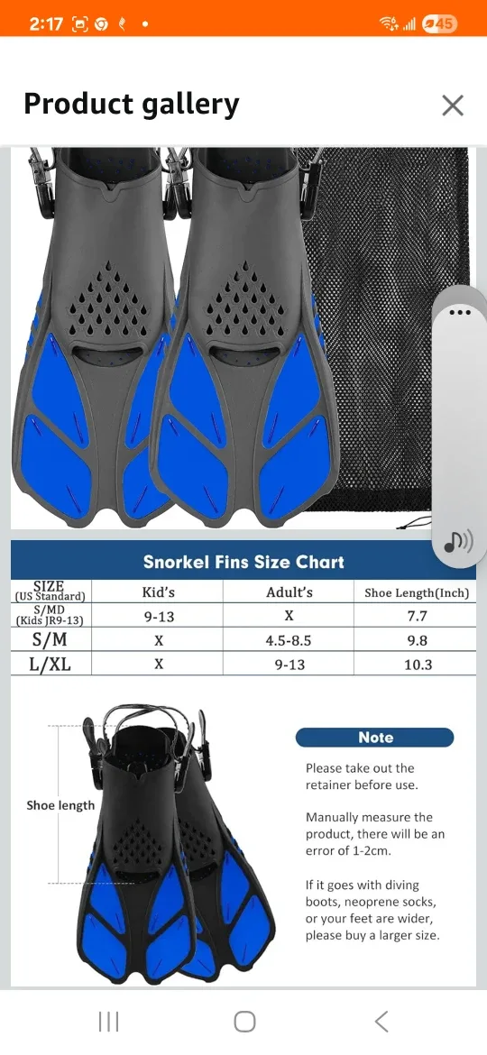 Snorkel Fins - Size S/M (Kids JR9-13)