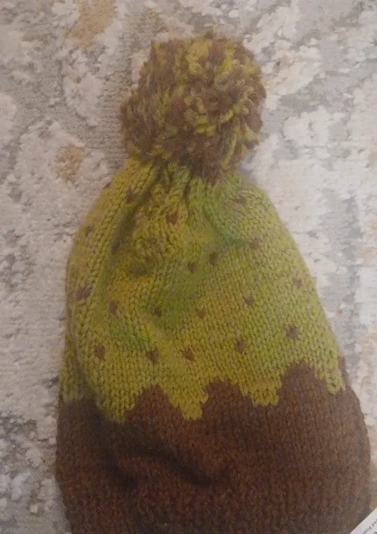Handmade Knitted Beanie Hat - Brown & Green