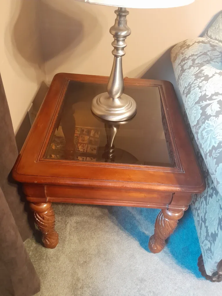 Wood End Table with Glass Top