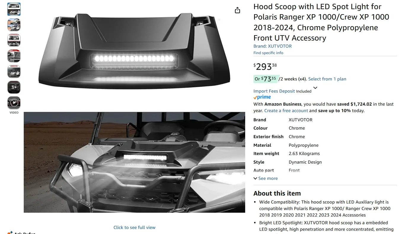 Hood Scoop with LED Spot Light for Polaris Ranger BNIB image indicator(2)