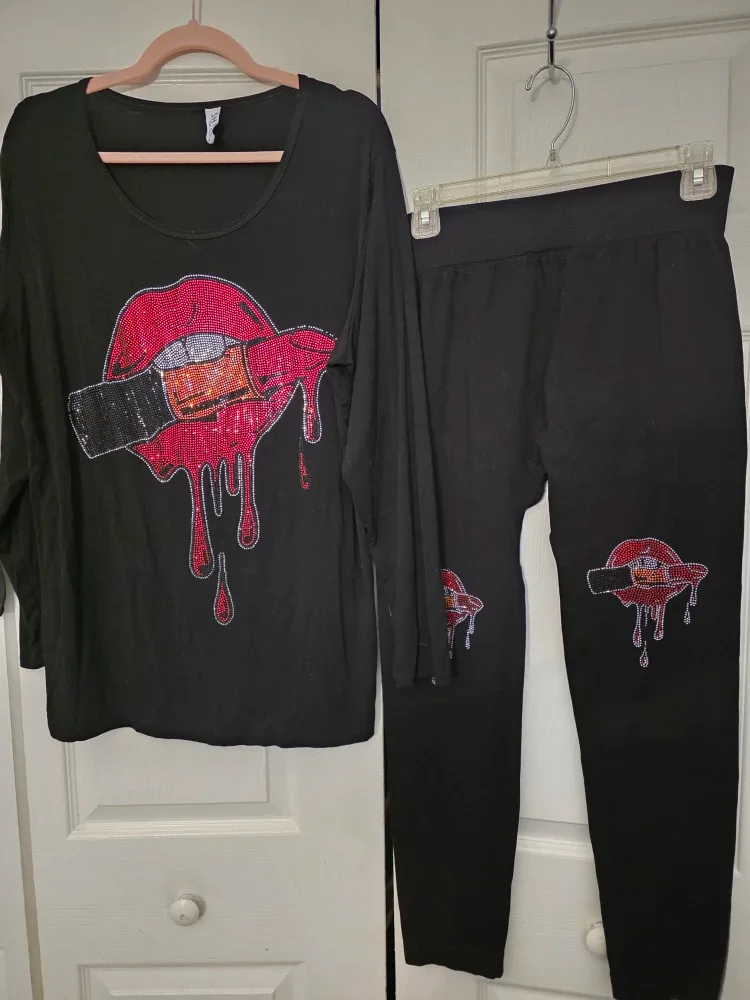 Black Lipstick Rhinestone Lounge Set