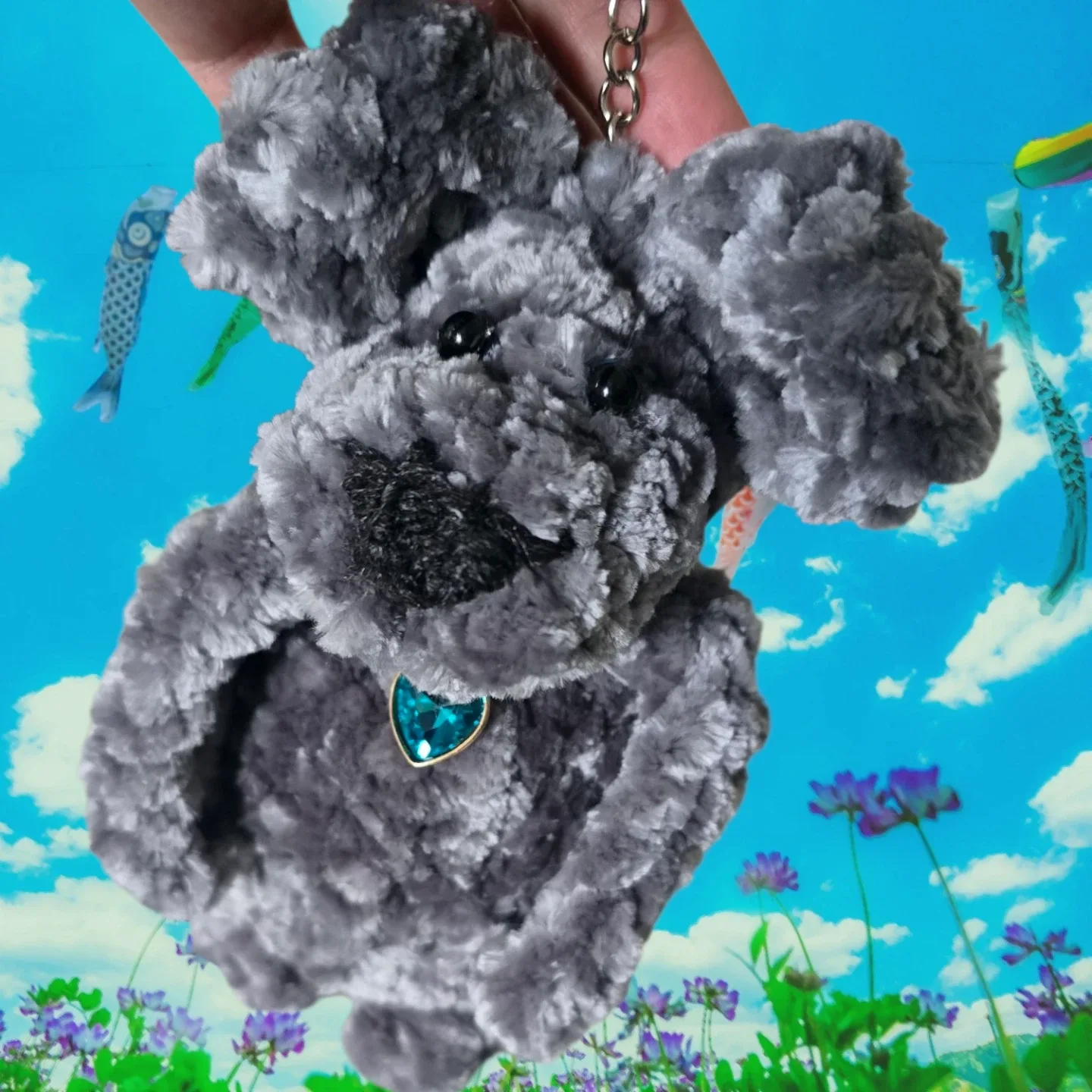 Grey Plush Dog Keychain with Blue Heart