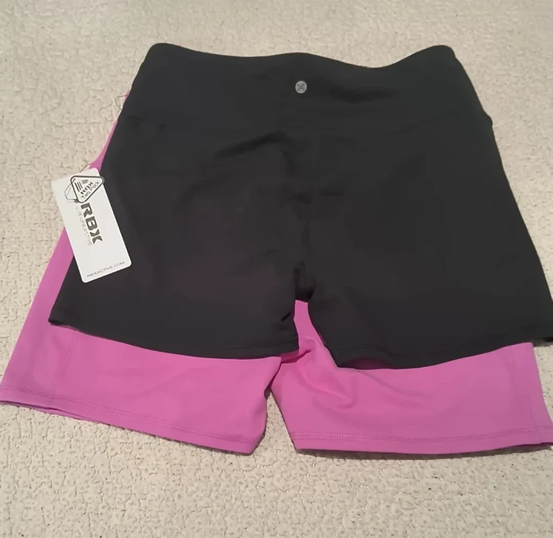 RBX Activewear Shorts SIZE L NWT | 2-in-1 Black Fuchsia Pink image indicator(3)