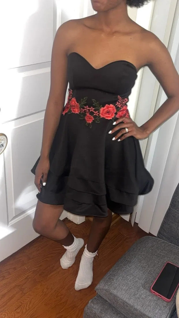 Black Strapless Dress with Floral Detail