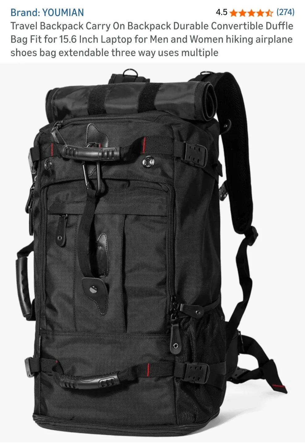 YOUMIAN Carry On Travel Backpack - Black thumbnail