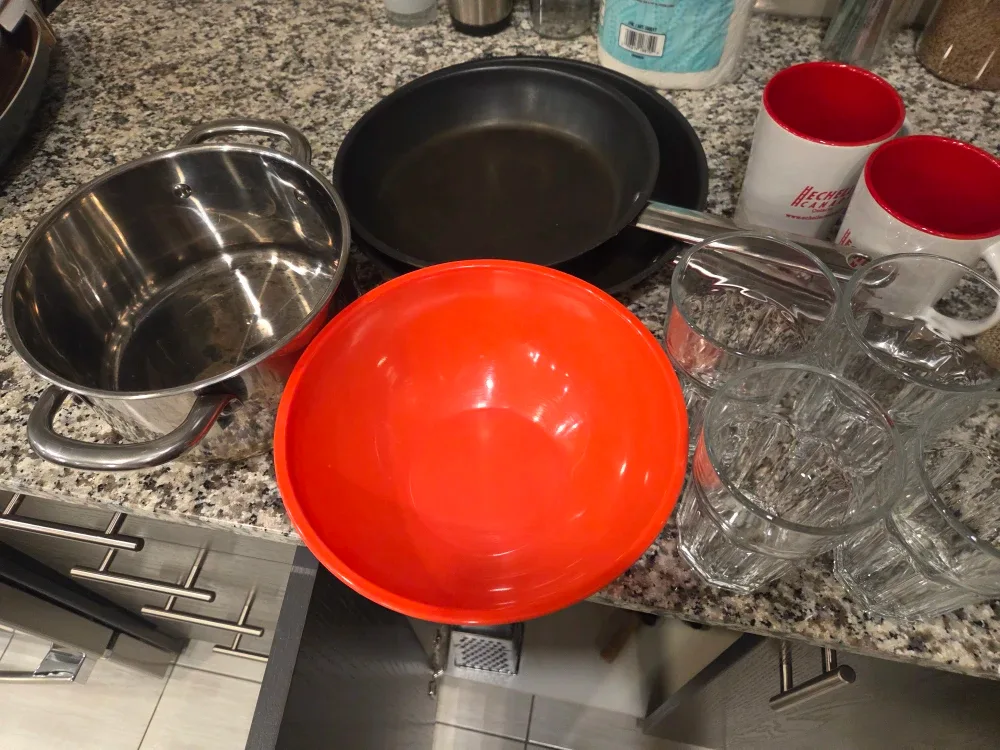 Pots, Pans, Bowl, Glasses, and Mugs