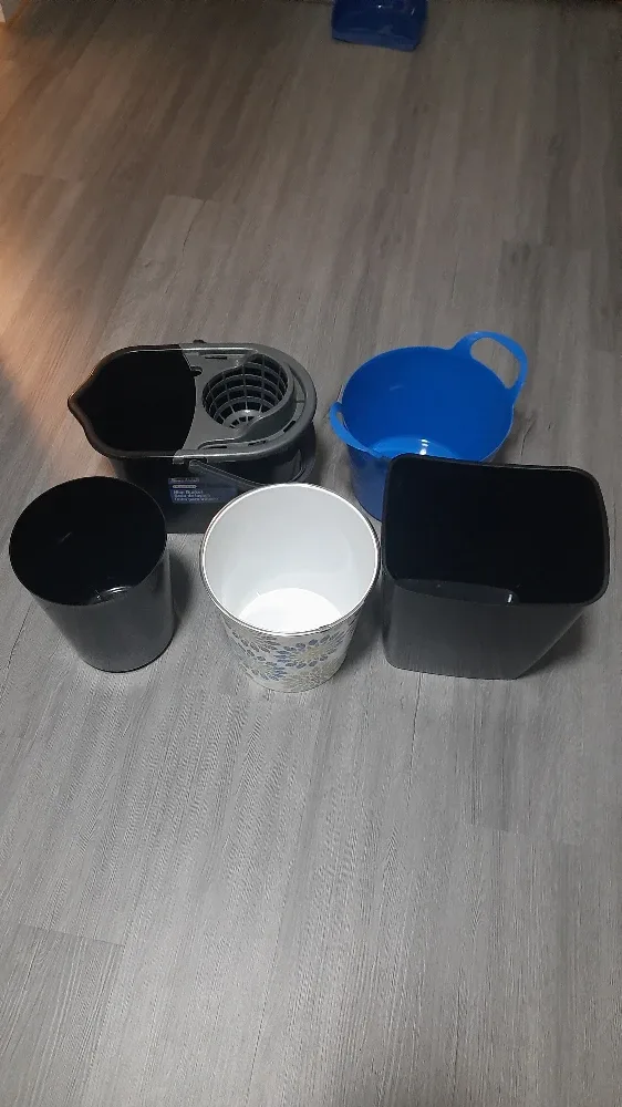 Used assorted bins, mop bucket and others