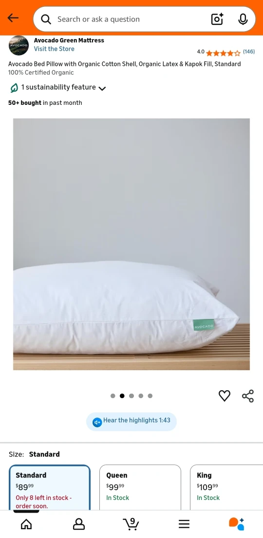 Avocado Premium White Duck Down Pillow