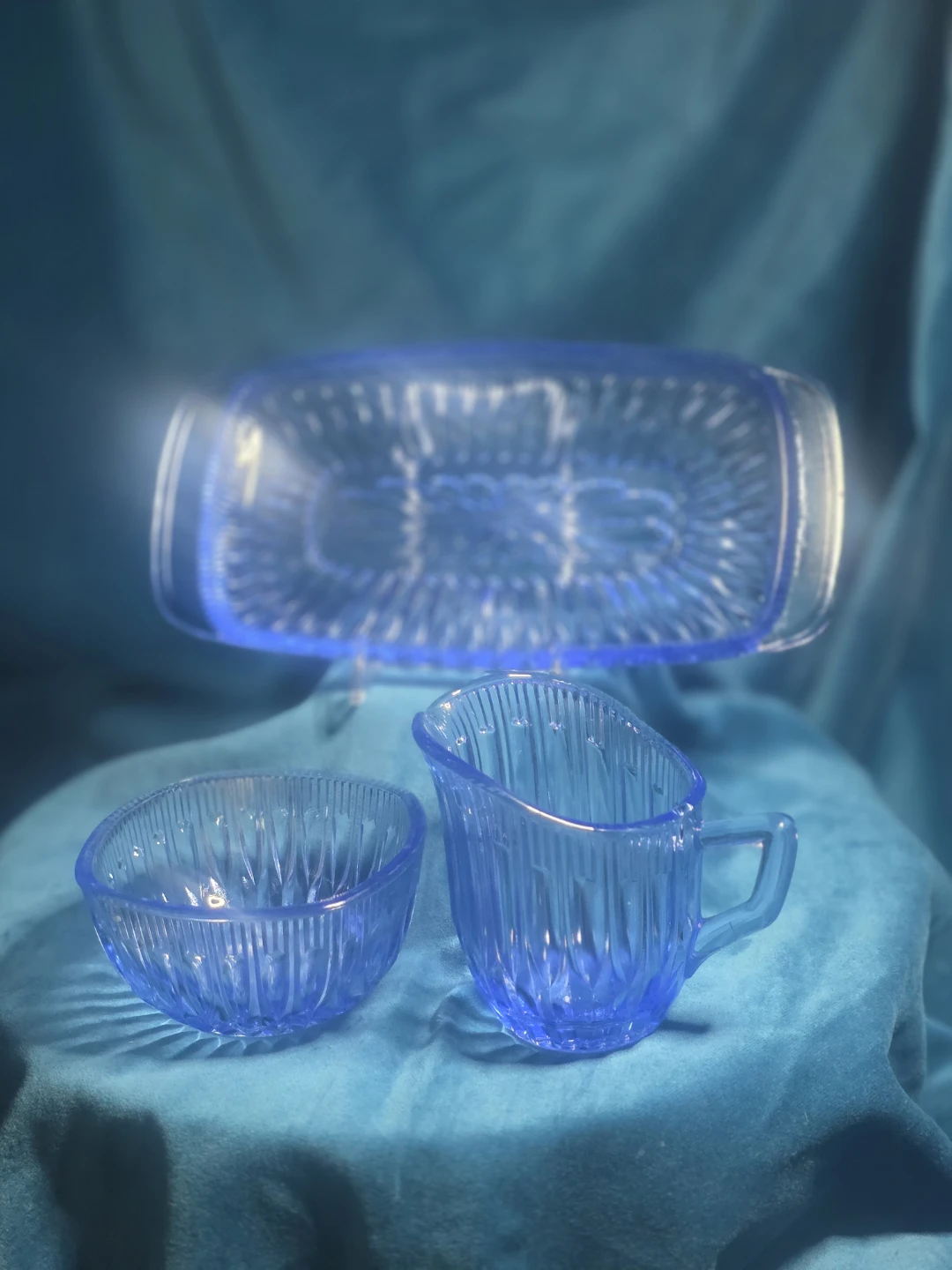 Vintage Blue Glass Creamer, Sugar Bowl, Tray Set