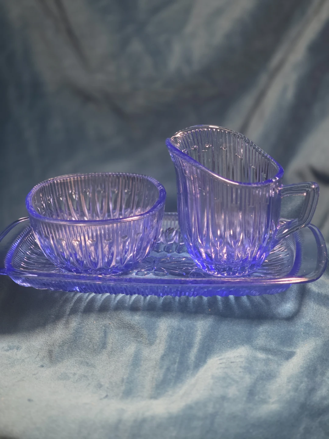 Vintage Blue Glass Creamer, Sugar Bowl, Tray Set - photo 3