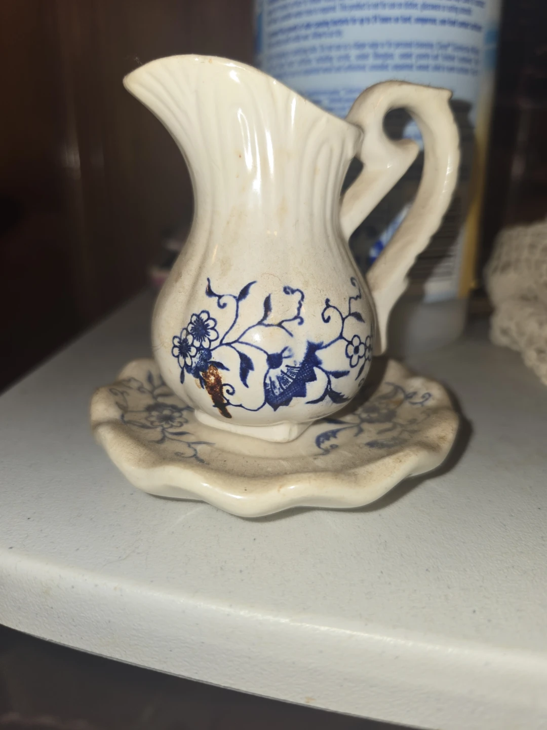 Vintage Blue Floral Ceramic Pitcher & Saucer