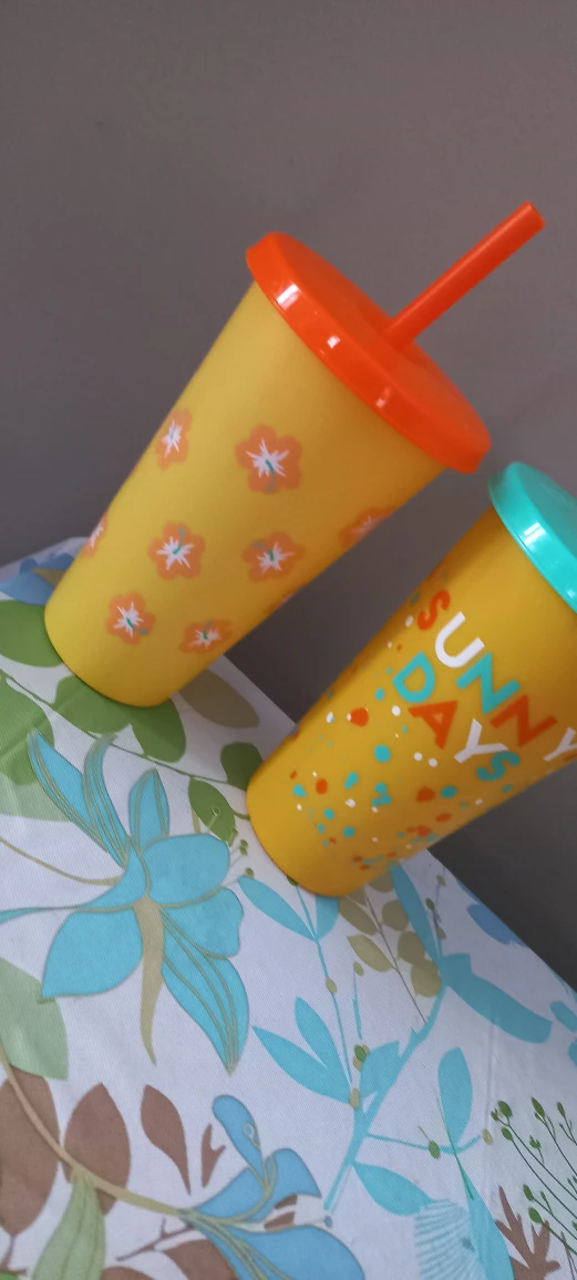 Two Colourful Plastic Cups with Lids & Straws