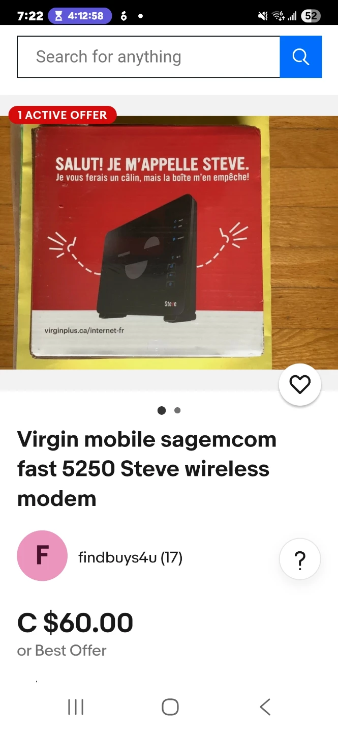 Virgin Mobile Sagemcom Fast 5250 Steve Wireless Modem