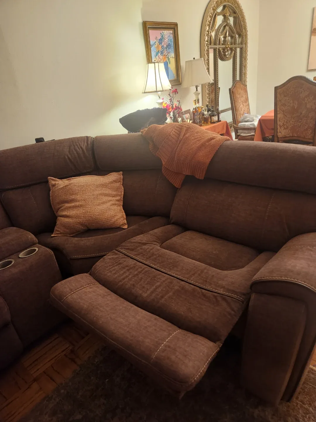 Brown Reclining Sectional Sofa with Chaise Lounge