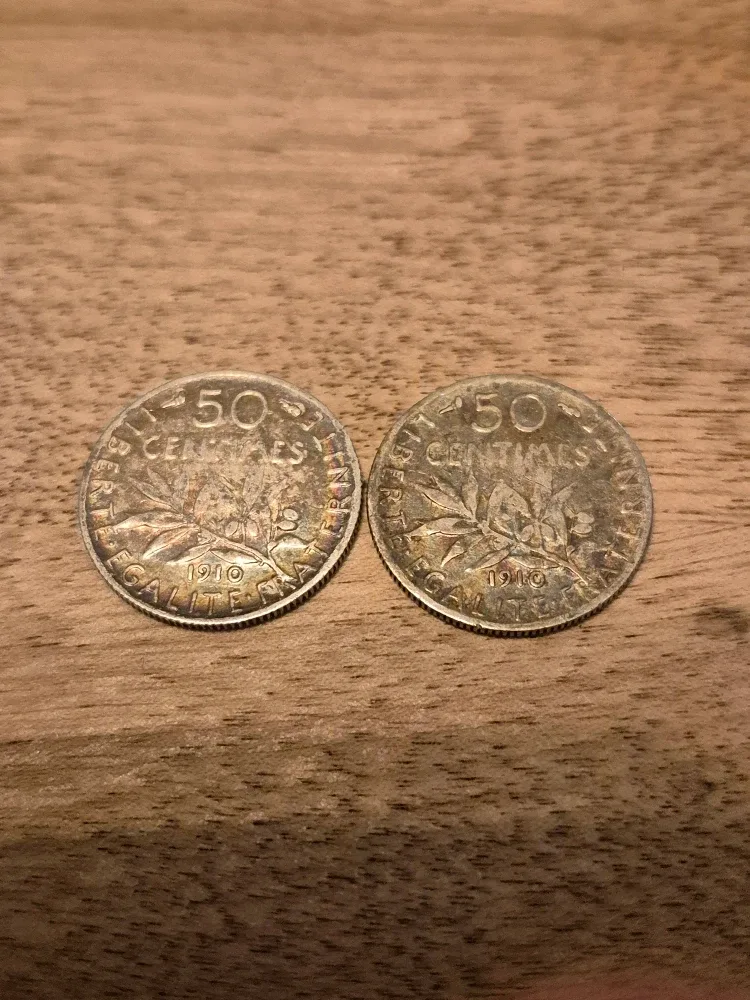 Two silver 1910 France 50 centimes coins