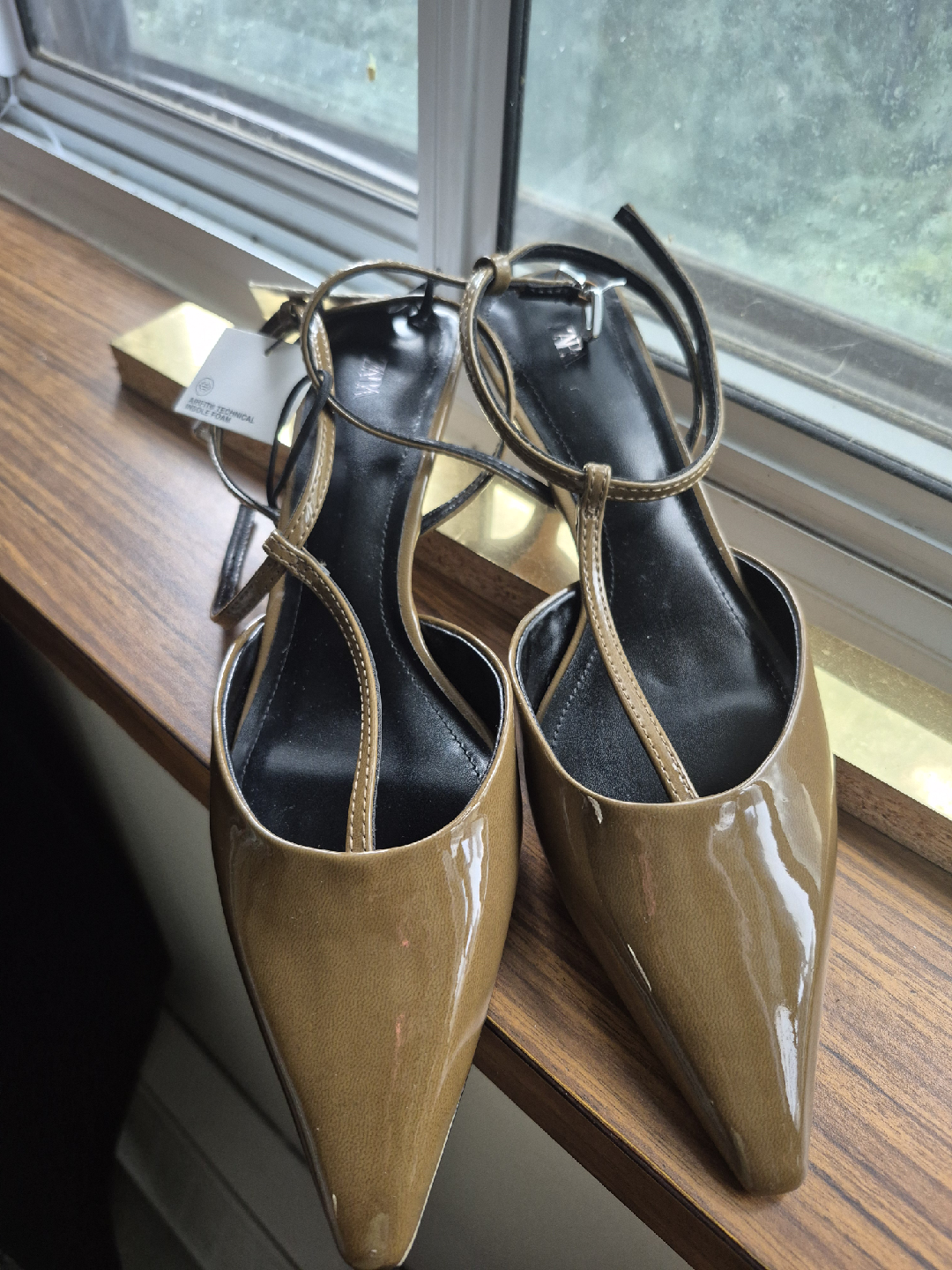 Zara Olive Green Kitten Heel Slingback Shoes - Size 10