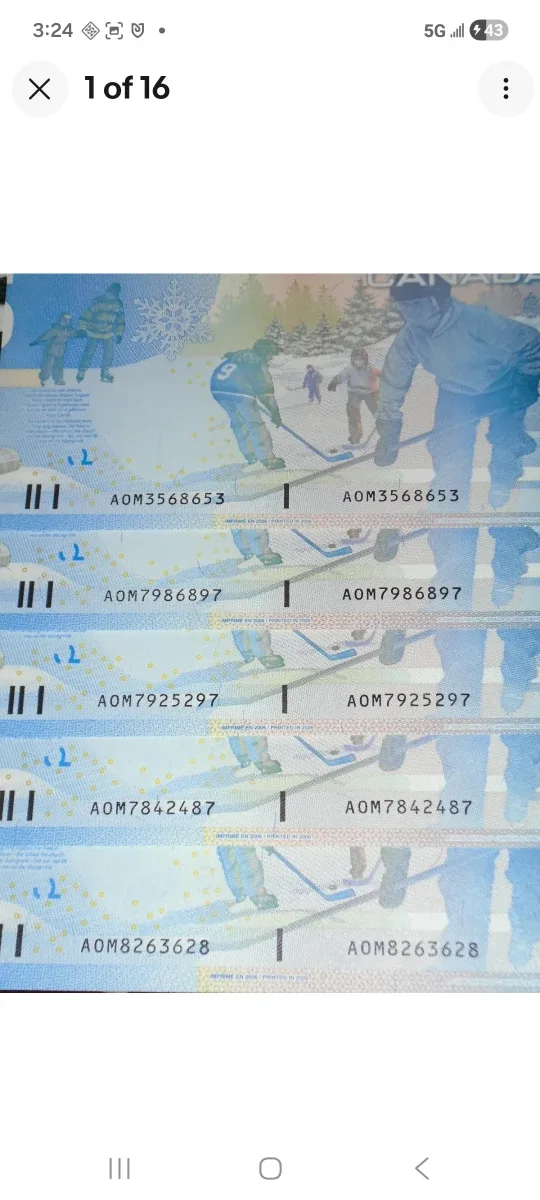 2006 Bank of Canada, $5 radar notes LOT, AOM prefix