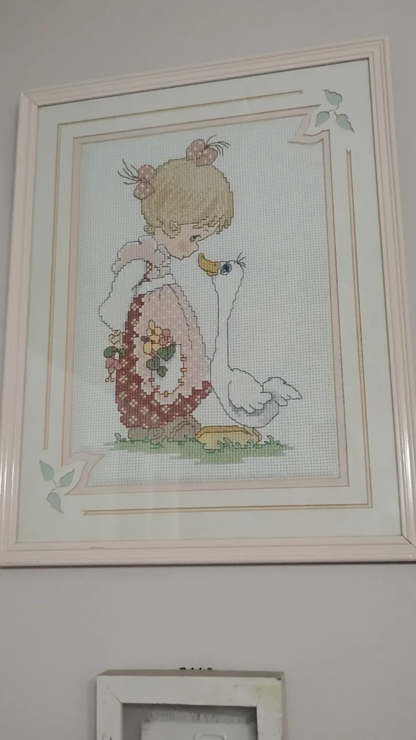 Framed Cross-Stitch Art - Girl and Goose thumbnail